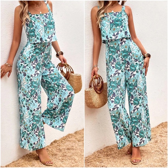 Pants - Boho Floral Print Wide Leg Jumper Jumpsuit